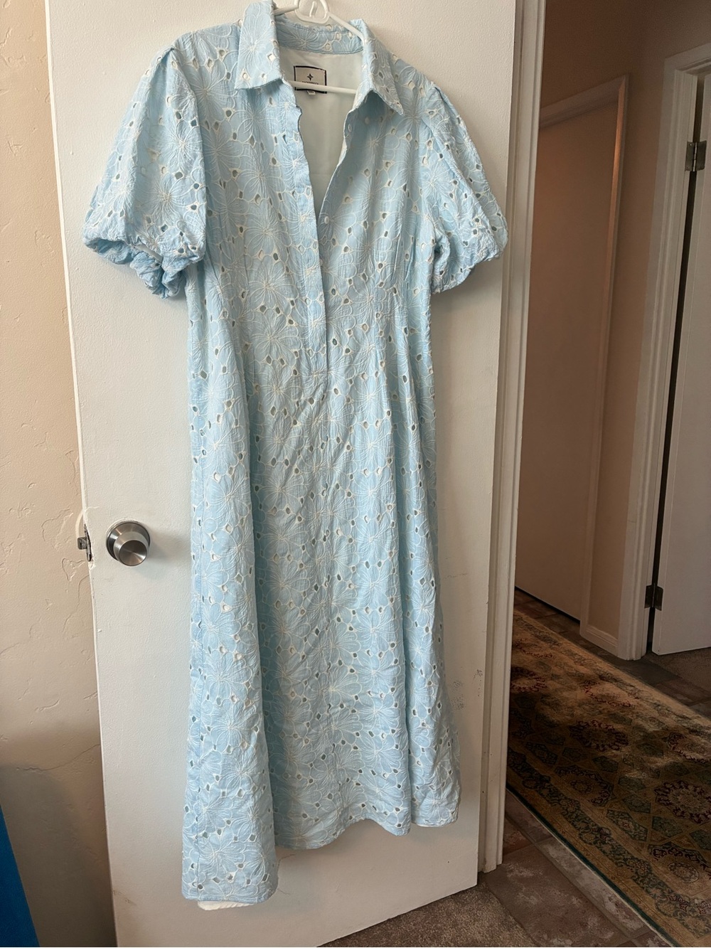 Tuckernuck Pale Blue Eyelet Collared Midi Dress with Puff Sleeves - Delaney Dres